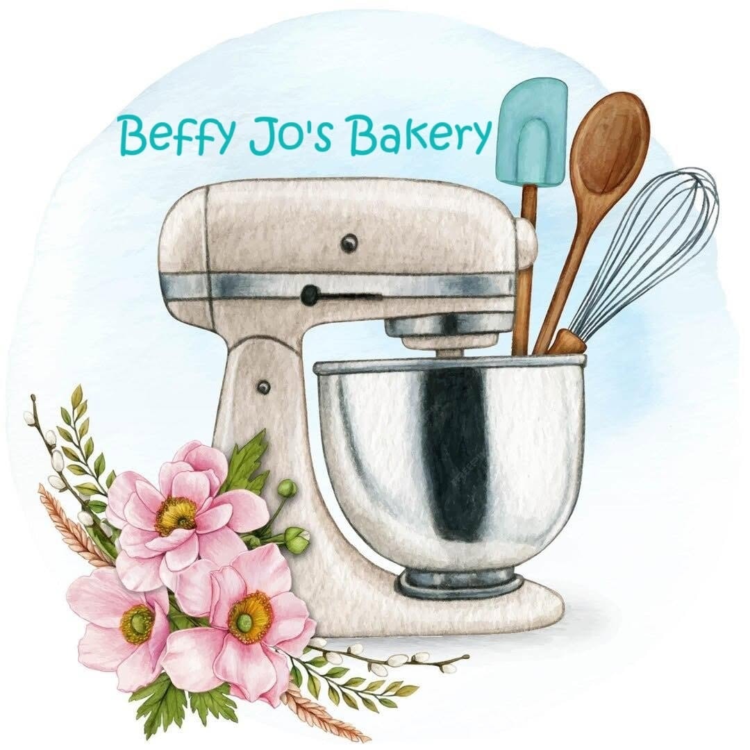 Beffy Jo's Bakery logo with stand mixer, baking tools, and pink flowers