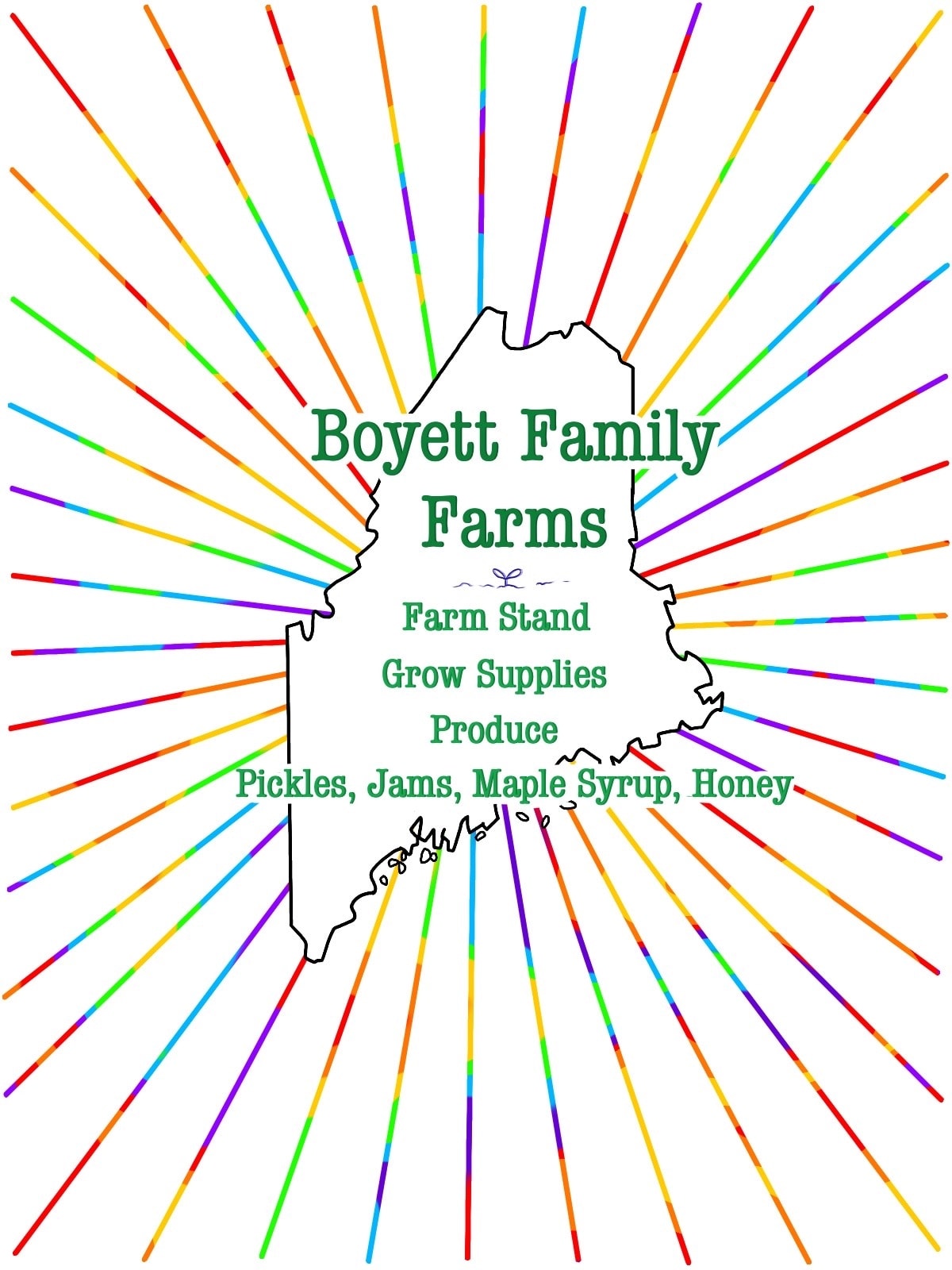 Boyett Family Farms colorful rainbow sunburst logo with Maine outline