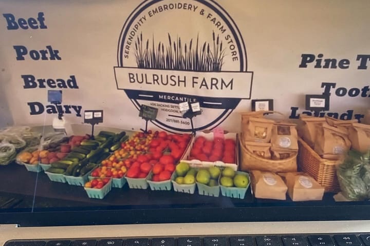 Bulrush Farm Mercantile and Serendipity Embroidery farm-store display in Houlton, Maine