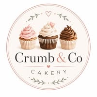 Crumb & Co Cakery logo featuring three decorated cupcakes with elegant flourishes