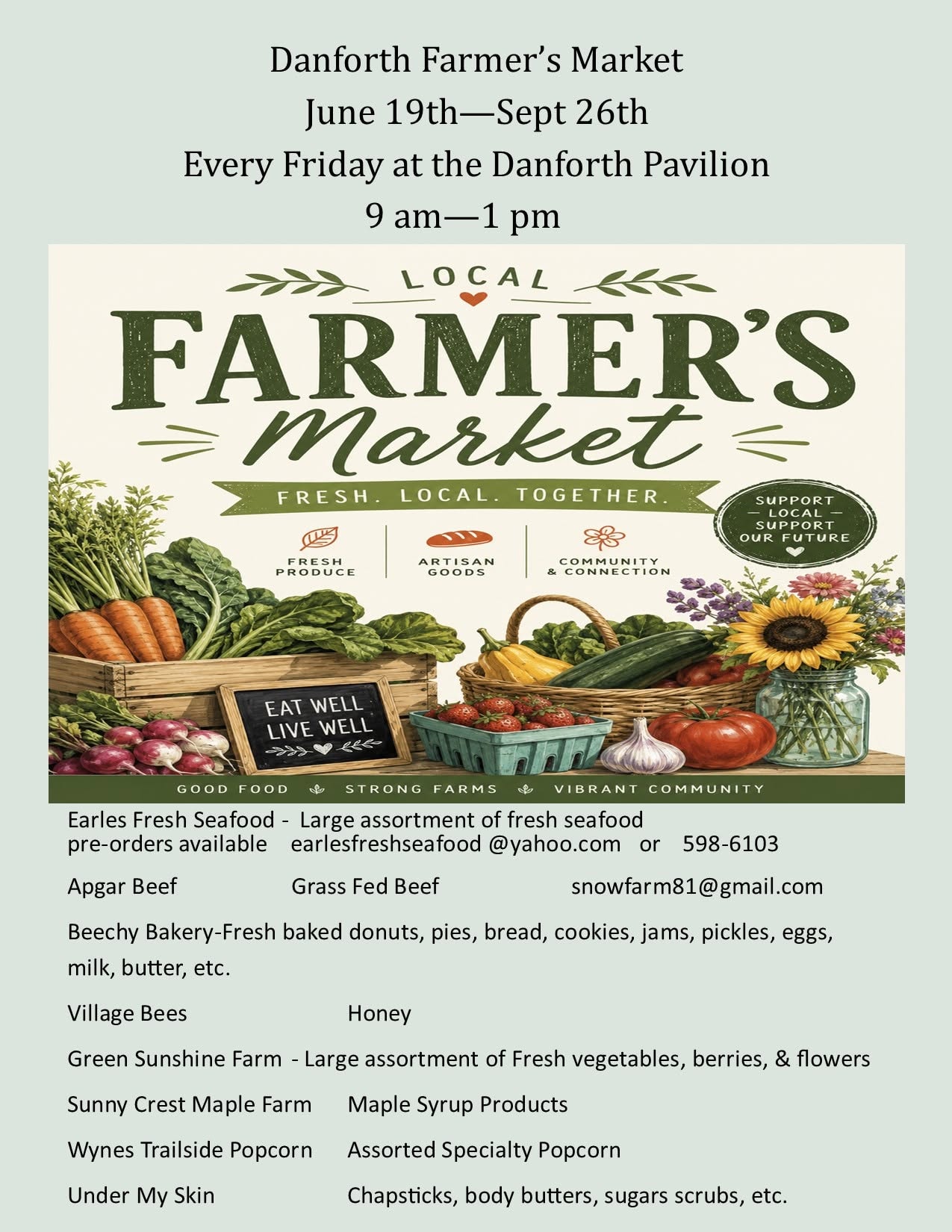 Danforth Farmer's Market flyer featuring local produce, artisan goods, and flowers