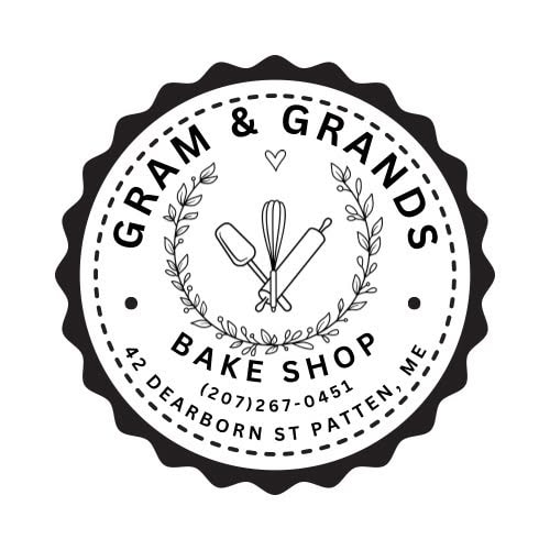 Gram & Grands Bake Shop circular badge logo with baking tools and laurels, 42 Dearborn St, Patten, ME