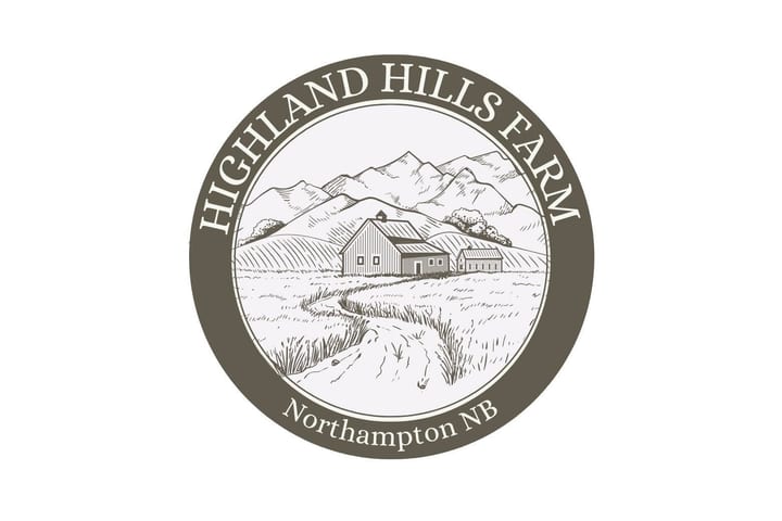 Highland Hills Farm circular logo with a farm and mountain landscape