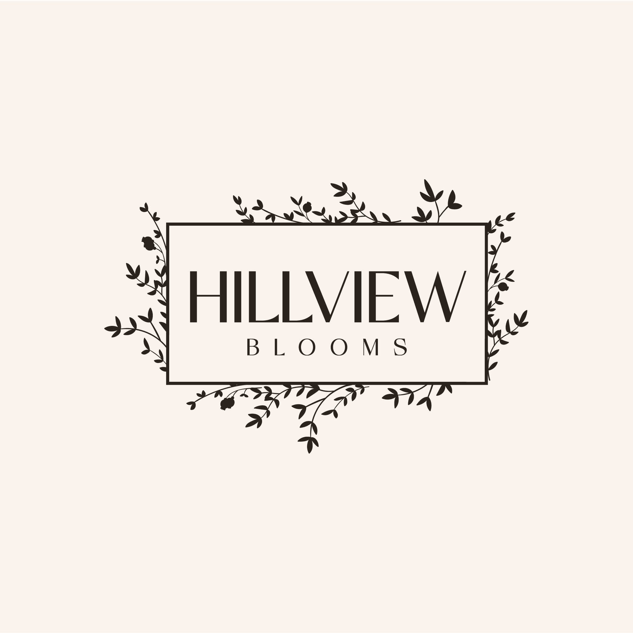 Hillview Blooms logo with botanical line art framing
