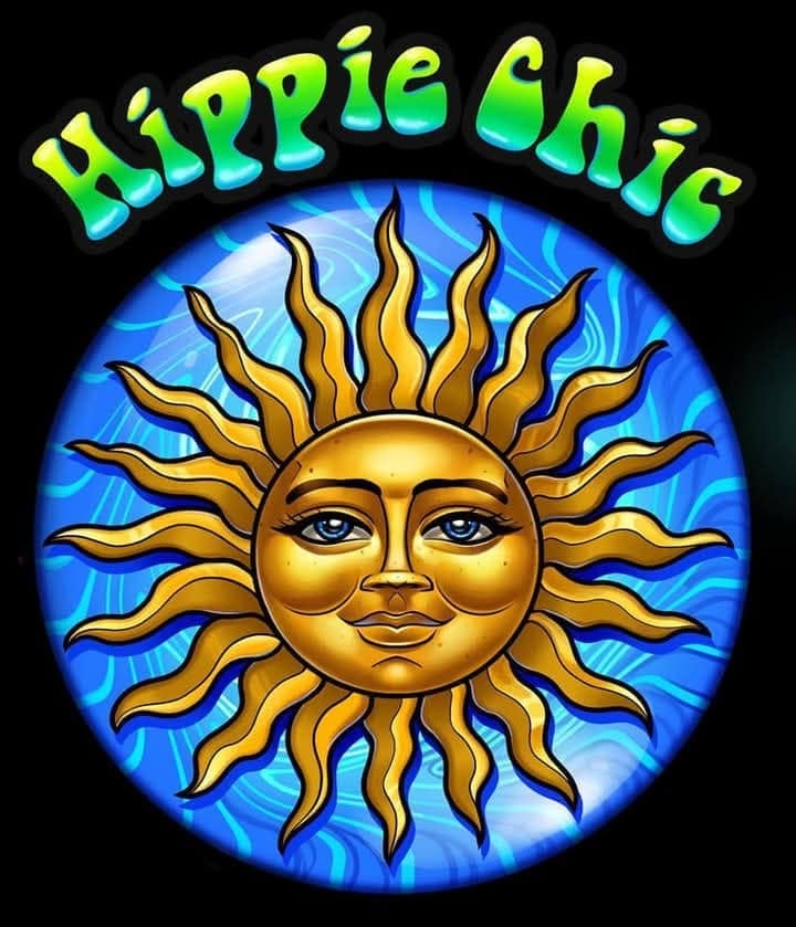 Hippie Chic logo — golden sun face on a vivid blue swirl background with neon green lettering