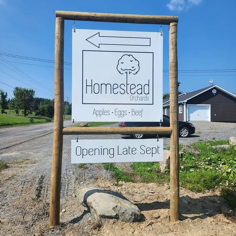 Homestead Orchards roadside sign in Hartford, New Brunswick