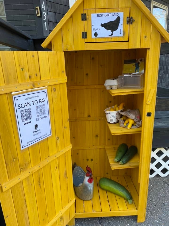 Just Got Laid Fresh Eggs — bright yellow cedar cabinet stand with chicken sign, QR code payment options, eggs, zucchini, and yellow squash at 431 Bangor Street
