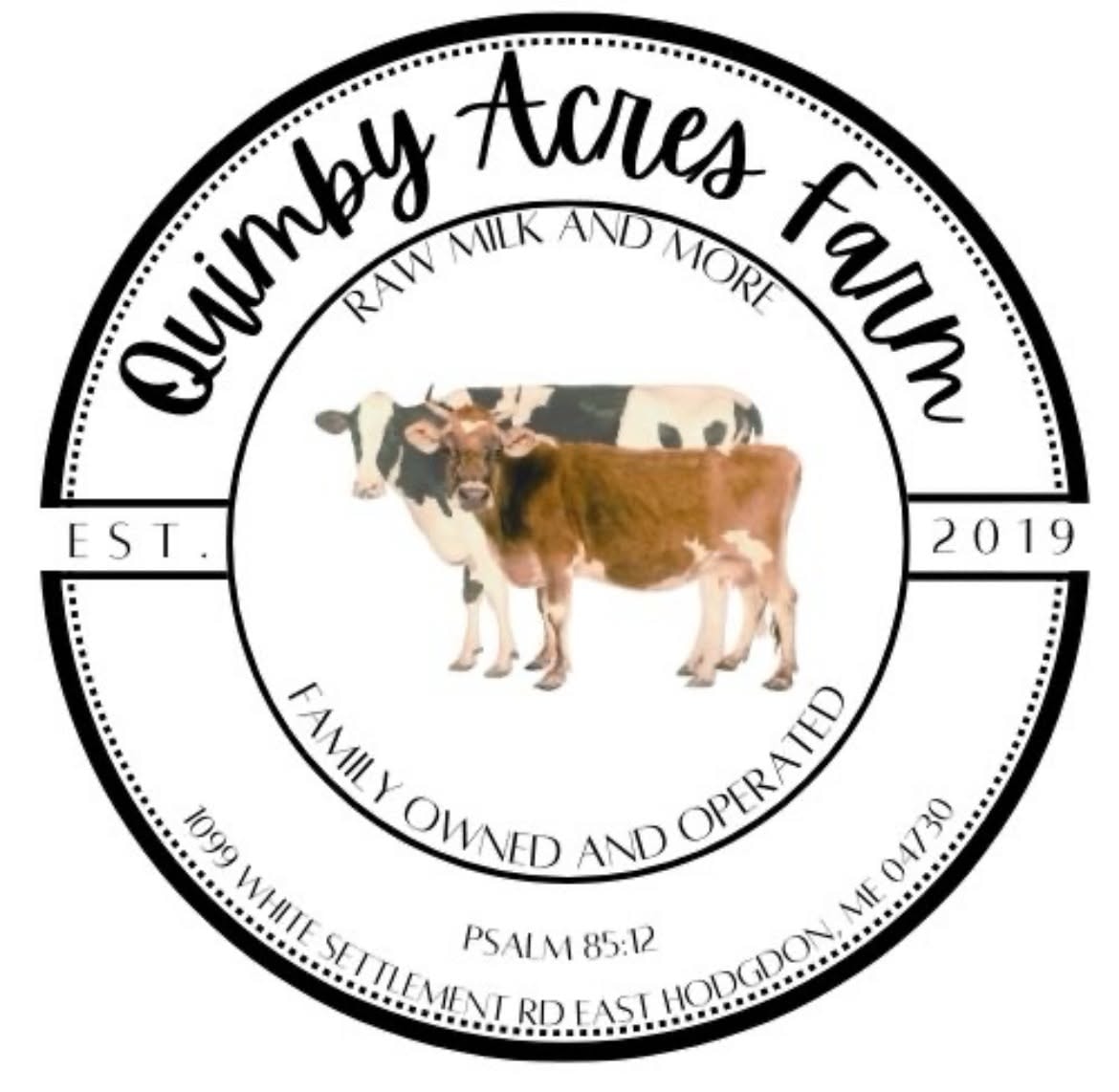 Quimby Acres Farm circular logo with cows, established 2019, family owned and operated