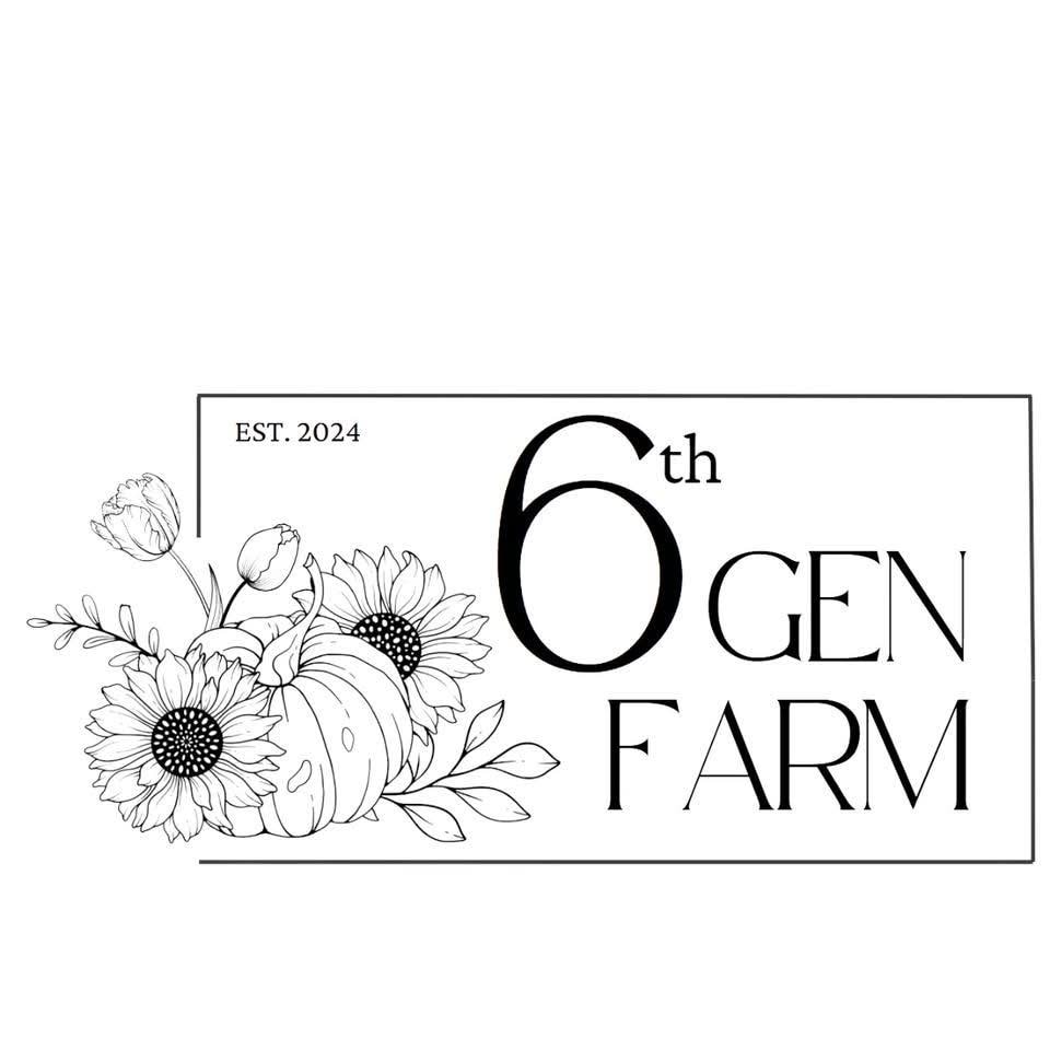 6th Gen Farm logo with botanical line art of sunflowers, tulips, and pumpkin, established 2024