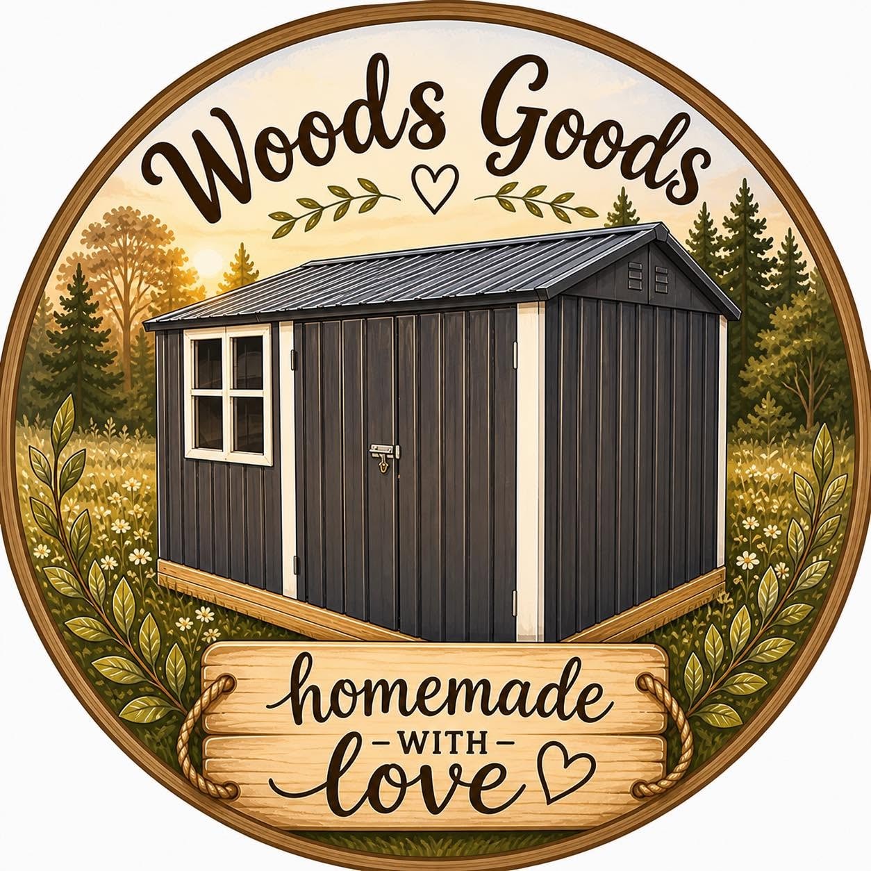 Woods Goods handmade treats logo with a small woodland building